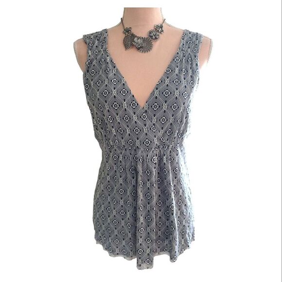 Y2K Michael Kors Blue Grey Geometric Layered VNeck Tunic Tank Top Large - Picture 3 of 17